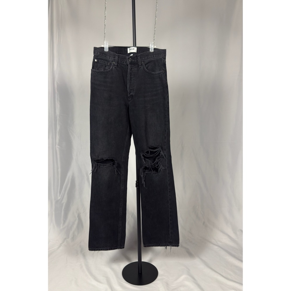 AGOLDE Lana Mid Rise Vintage Straight Jeans 27 Disorder Black Distressed